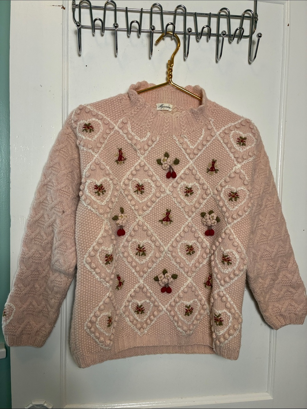 Vintage MyRomance Pink Heart Embroidered Cable Knit Wool Sweater